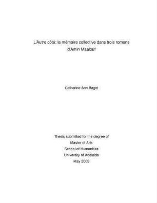 L' Autre cote: la mémoire collective dans trois romans d' Amin Maalouf