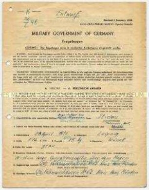 Fragebogen zur NS-Vergangenheit von Werner Stielau - Familienkonvolut