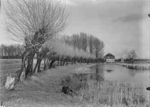Teichlandschaft mit Kopfweiden und Wohnhaus mit Nebengebäude