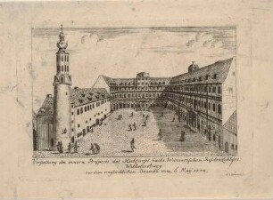 Das Schloss Wilhelmsburg (Residenzschloss, Stadtschloss) in Weimar vor dem Brand vom 6. Mai 1774, Blick in den Schlosshof