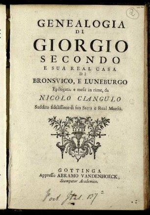 Genealogia Di Giorgio Secondo E Sua Real Casa Di Bronsvico, E Luneburgo