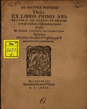 De natura universi theses ex libro primo Aristotelis de Caelo