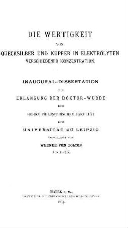 Die Wertigkeit von Quecksilber und Kupfer in Elektrolyten verschiedener Konzentration