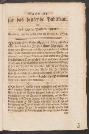 Nachricht für das denkende Publikum, von des Herrn Pastors Alberti Anleitung zum Gespräch über die Religion. 1772