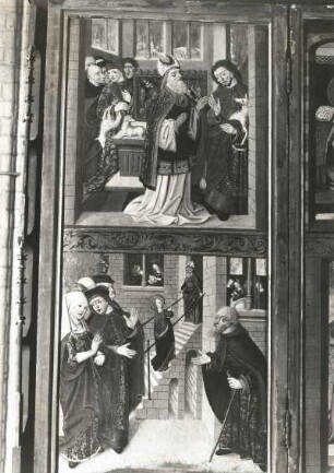 Ehemaliger Hochaltar (Stiftung 1503), linker Flügel (1. Wandlung) mit Abweisung von Joachims Opfer (oben) und Mariä Tempelgang. Pfarrkirche, Bützow