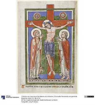 Christus am Kreuz zwischen Maria und Johannes, Rückseite: thronende und gekrönte Madonna