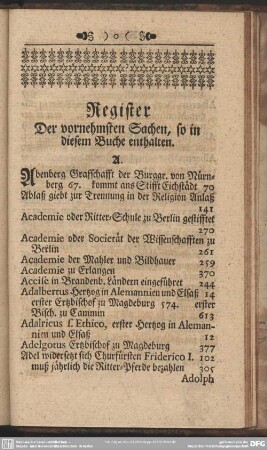 Register Der vornehmsten Sachen, so in diesem Buche enthalten