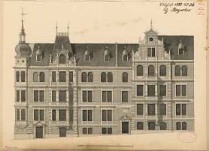 Wohnhausgruppe, Halle/Saale Monatskonkurrenz August 1882: Aufriss Fassade (I - III); Maßstabsleiste