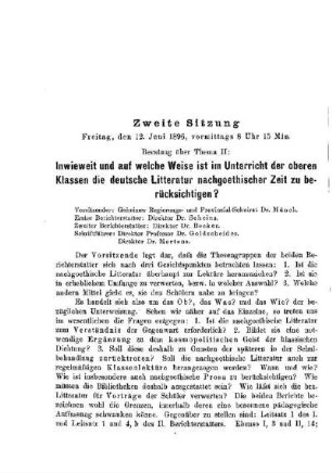 Inwieweit und auf welche Weise ist im Unterricht der oberen Klassen die deutsche Litteratur nachgoethischer Zeit zu berücksichtigen? : [Bericht über die Verhandlungen]