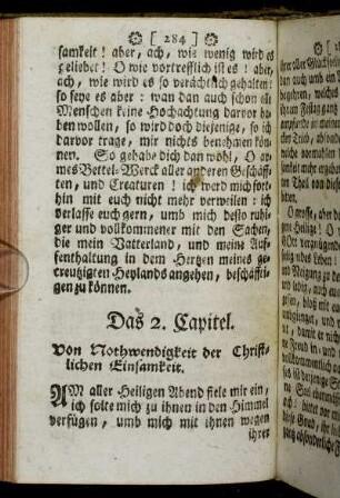 Das 2. Capitel. Von Nothwendigkeit der Christlichen Einsamkeit.
