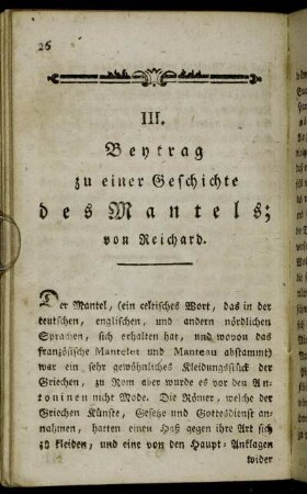 III. Beytrag zu einer Geschichte des Mantels; von Reichard