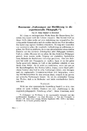 Meumanns "Vorlesungen zur Einführung in die experimentelle Pädagogik"