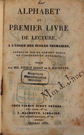 Alphabet et premier livre de lecture : à l'usage des écoles primaires