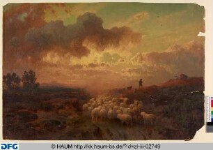 Hirte mit Schafherde und Hunden bei Abenddämmerung