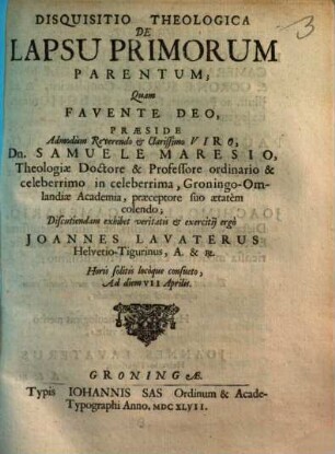 Disquisitio theologica de lapsu primorum parentum