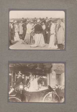 oben: Großherzog Friedrich I. von Baden und Großherzogin Luise beim Besuch der Rennbahn Iffezheim unten: Großherzog Friedrich I. von Baden beim Besteigen einer Kutsche vor der Stadthalle Heidelberg