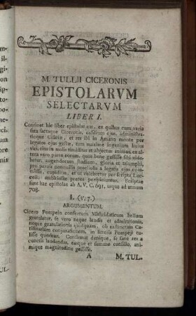 M. Tullii Cicerones Epistolarum Selectarum Liber I.