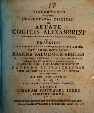 Diss. sistens coniecturas criticas de aetate codicis Alexandrini