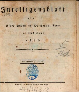 Intelligenzblatt der Stadt Lindau im Oberdonau-Kreise : für das Jahr ..., 1828
