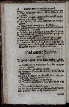 Das andere Hundert von den Vorsichtigkeit und Unvorsichtigkeit. / Centuria Secunda De Prudentia & Imprudentia.
