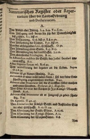 Summarisches Register oder Repertorium über die LandsOrdnung und Declaratorien