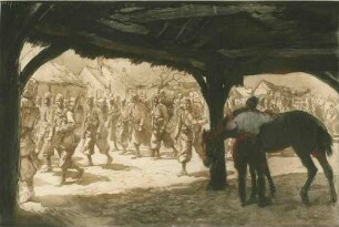 Französische Infanterie (algerische Kolonialtruppen) in Feldausrüstung zieht durch Dorfstrasse, im Vordergrund rechts ein beobachtender Soldat stehend auf Pferd gestützt