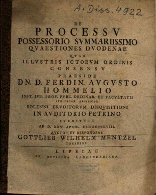 De processu possessario summariissimo quaestiones duodenae