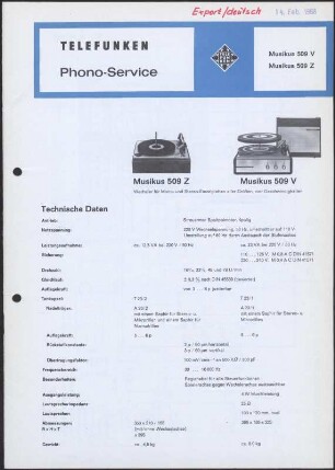 Bedienungsanleitung: Telefunken Phono-Service für Musikus 509 V und Musikus 509 Z