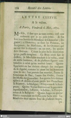 Lettre CXXXVII. A la même. A Paris, Vendredi 6. Mai, 1672