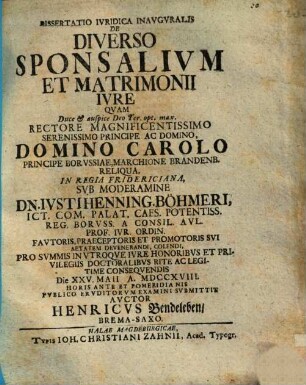Dissertatio Ivridica Inavgvralis De Diverso Sponsalivm Et Matrimonii Ivre