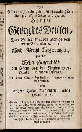 Des Allerdurchlauchtigsten Großmächtigsten Königs, Churfürsten und Herrn, Herrn Georg des Dritten,[...]