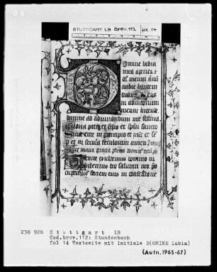 Lateinisch-französisches Stundenbuch — Initiale D(omine labia) mit anschließender Ranke als Bordüre, Folio 14recto
