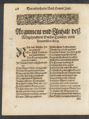 Argument und Inhalt deß Achtzehendten Buchs Homeri/ von dem Troianischen Krieg.
