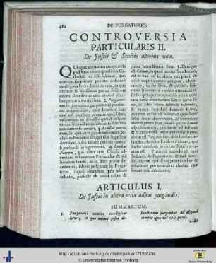 Controversia particularis II. De Justis et Sanctis alterius vitae.