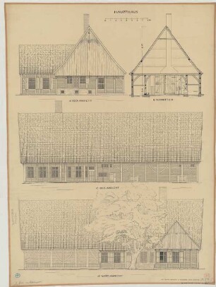 Schonebeck bei Nienberge (Kreis Münster): Hof Schulte Osterhof. Haupthaus (Ostansicht, Südansicht, Westansicht, Querschnitt)