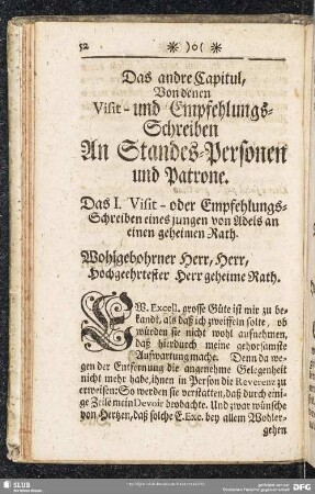 Das andre Capitul, Von denen Visit- und Empfehlungs-Schreiben An Standes-Personen und Patrone.