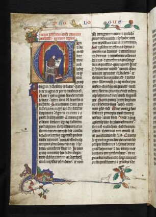 Deckfarbeninitiale V mit bewohnten Randausläufern, historisiert: Hieronymus im Mönchshabit am Schreibpult