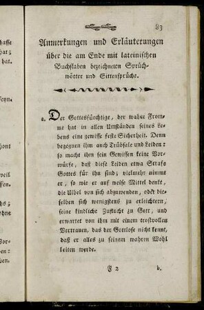 Anmerkungen und Erläuterungen über die am Ende mit lateinischen Buchstaben bezeichneten Sprüchwörter und Sittensprüche.