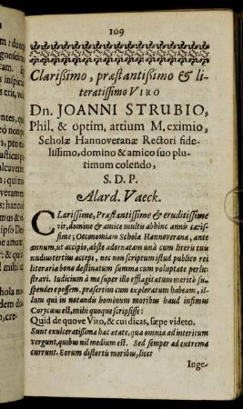 Clarißimo, præstantissimo [...] Dn. Joanni Strubio, Phil. & optim, artium M. eximio, Scholæ Hannoveranæ Rectori fidelissimo, domino & amico suo plutimum colendo