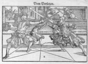 Fechtschule: Vom Versetzen (Abbildung K , nach S. XVII aus Meyer, Kunst des Fechtens)