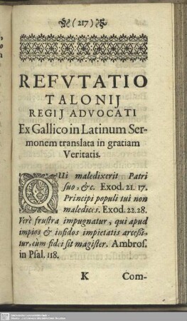 Refutatio Talonii Regii Advocati Ex Gallico in Latinum Sermonem translata in gratiam Veritatis
