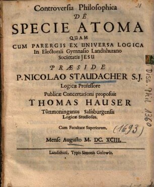 Controversia Philosophica De Specie Atoma