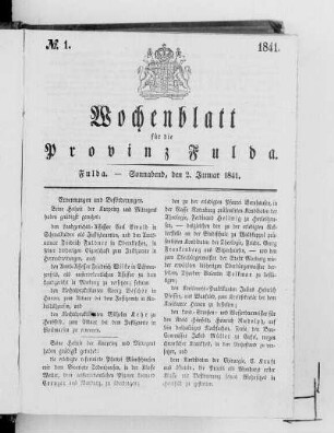 Nr. 1, Ausgabe vom 2. Januar 1841