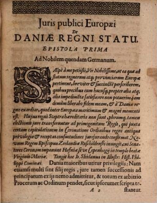 Juris Publici Europæi De Daniæ Regni Statu Epistola Prima