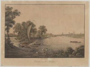 Ansicht Dresdens von der Abendseite, Stich, um 1825 : Dresden von der Abendseite. - Dresden : A. Lawrence , [ca. 1825]. - 1 Kunstbl. : kolor. Stich ; 48 x 32 cm