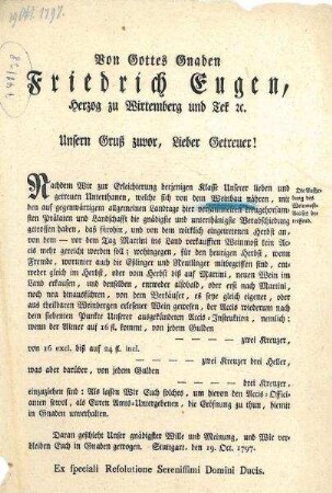 Dekret von Herzog Friedrich Eugen über die teilweise Aufhebung des Weinmost-Accises