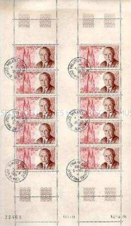 Bogen mit 10 Briefmarken und Sonderstempel zum Tod von Konrad Adenauer aus der Republik Mali