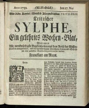 (XLIII. Stück.) den 27. May. Anno 1752.