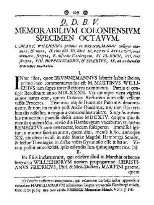 Q. D. B. V. MEMORABILIVM COLONIENSIVM SPECIMEN OCTAVVM