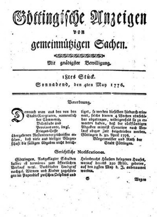 18tes Stück. Sonnabend, den 4ten May 1776.